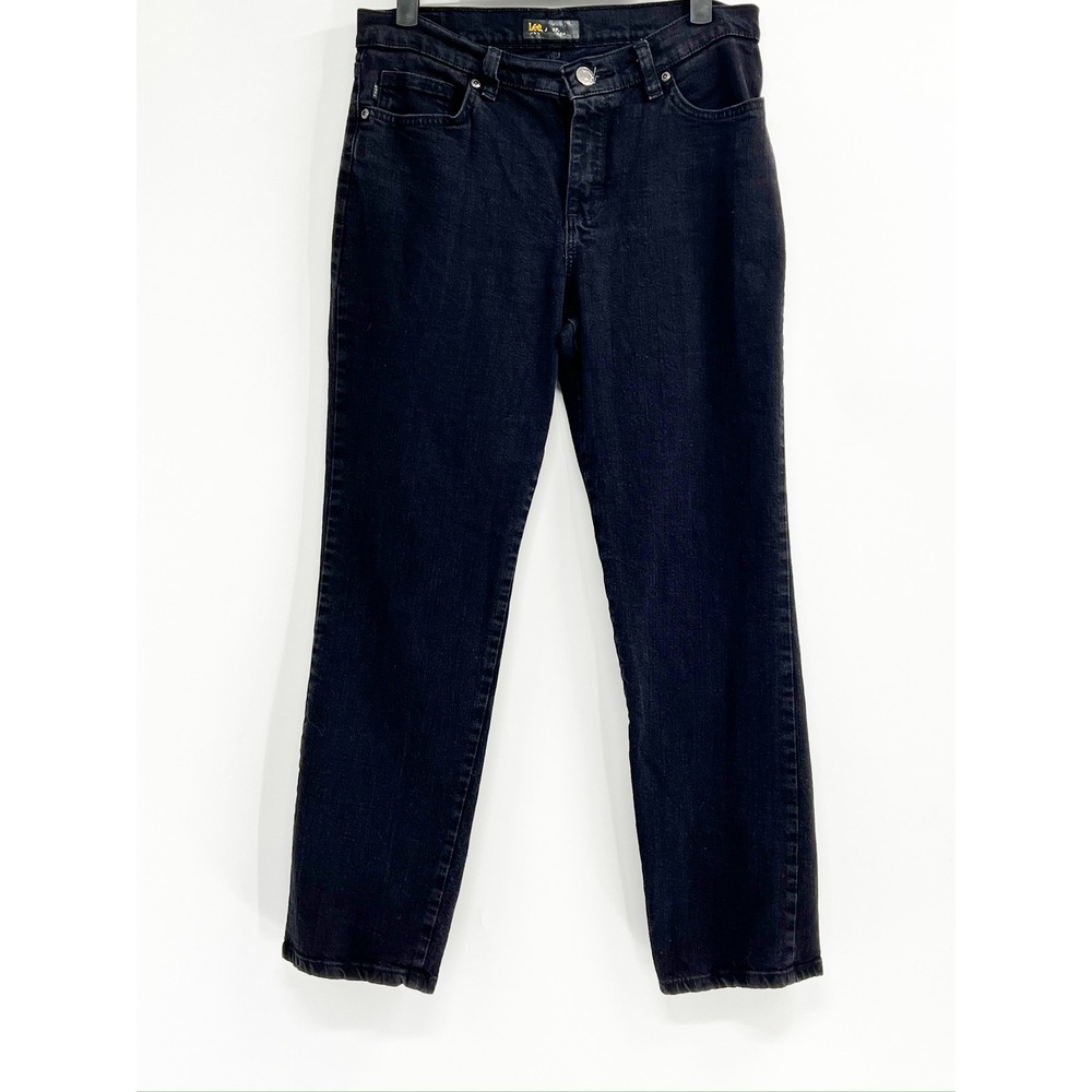 Lee Straight Leg Jeans Womens 8 Petite Black Excellent Stretch Mid Rise Denim